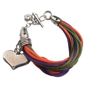 Multicolor Twisted cord bracelet w heart charm & toggle closure